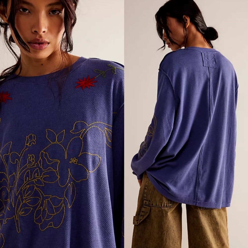 NWOT-Free People We The Free Tallalah Tee Cotton Floral Embroidered Long Sleeve